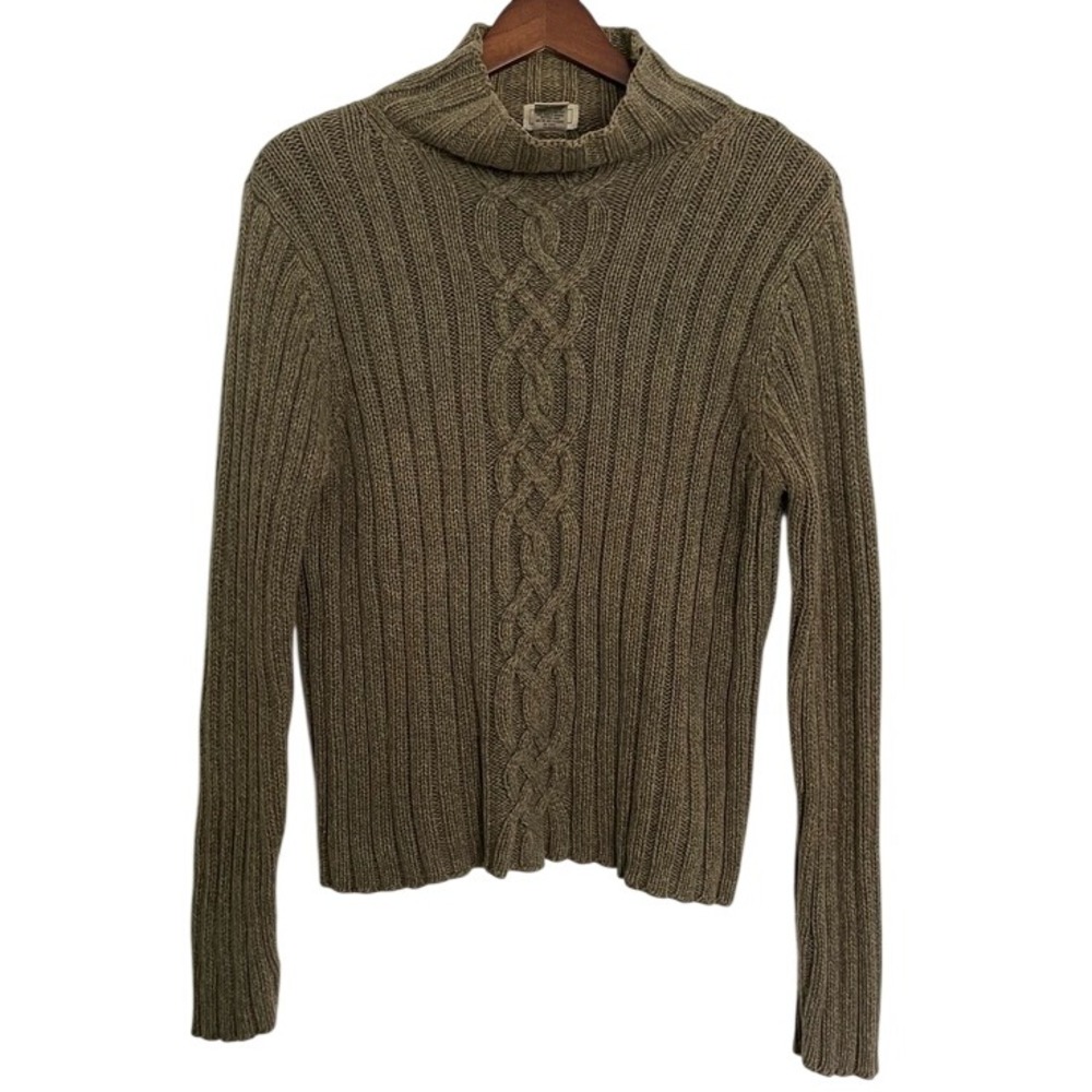 L.L.Bean Small Fisherman Cable Knit Sweater 100% Cotton Olive Green Mock Neck